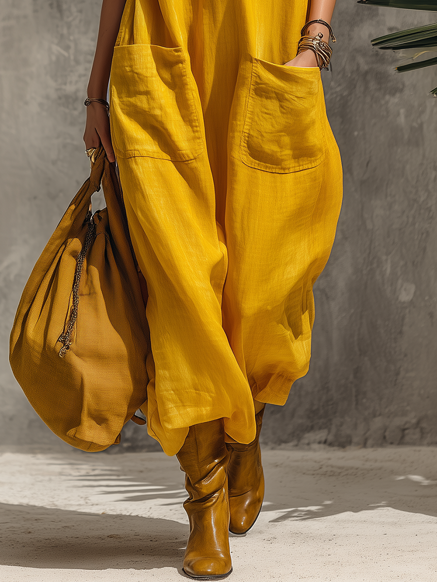 Vintage-style Vacation Collared Multi-pocket Sleeveless Cotton And Linen Maxi Dress