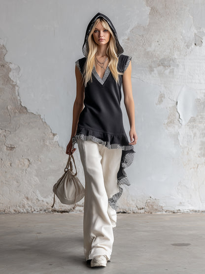 Casual Sporty Striped Black Hooded Vest And White Wide-leg Pants Set