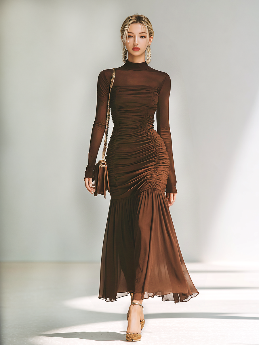 Stylish And Sexy Stand-up Collar Pleated Maxi Dress