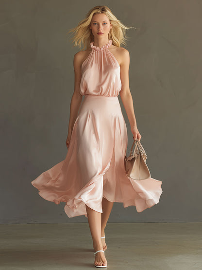 Stylish And Elegant Pink Sleeveless Satin Top And Skirt Set