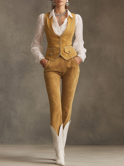 Western Retro Yellow Faux Suede Vest And Trousers Set