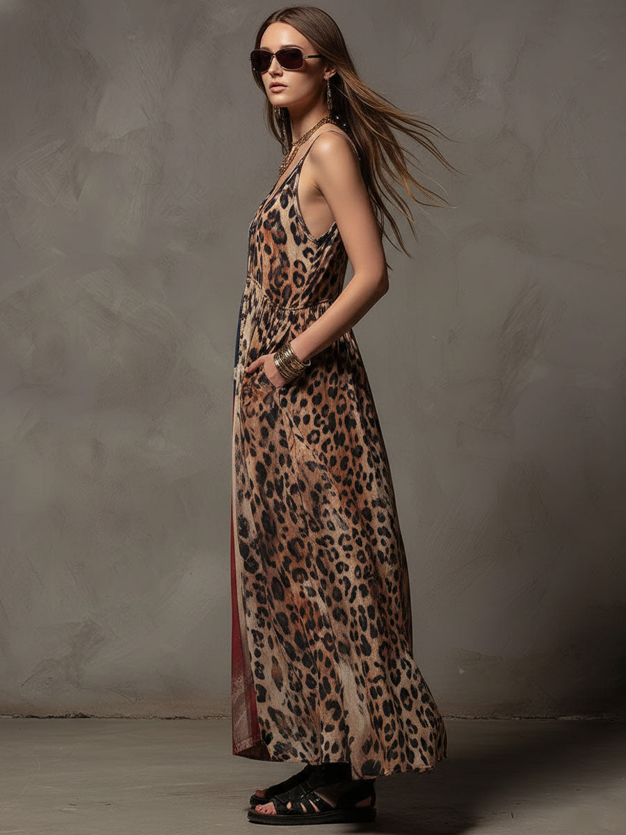 Vacation Retro American Flag Leopard Print Chiffon Sleeveless Maxi Dress