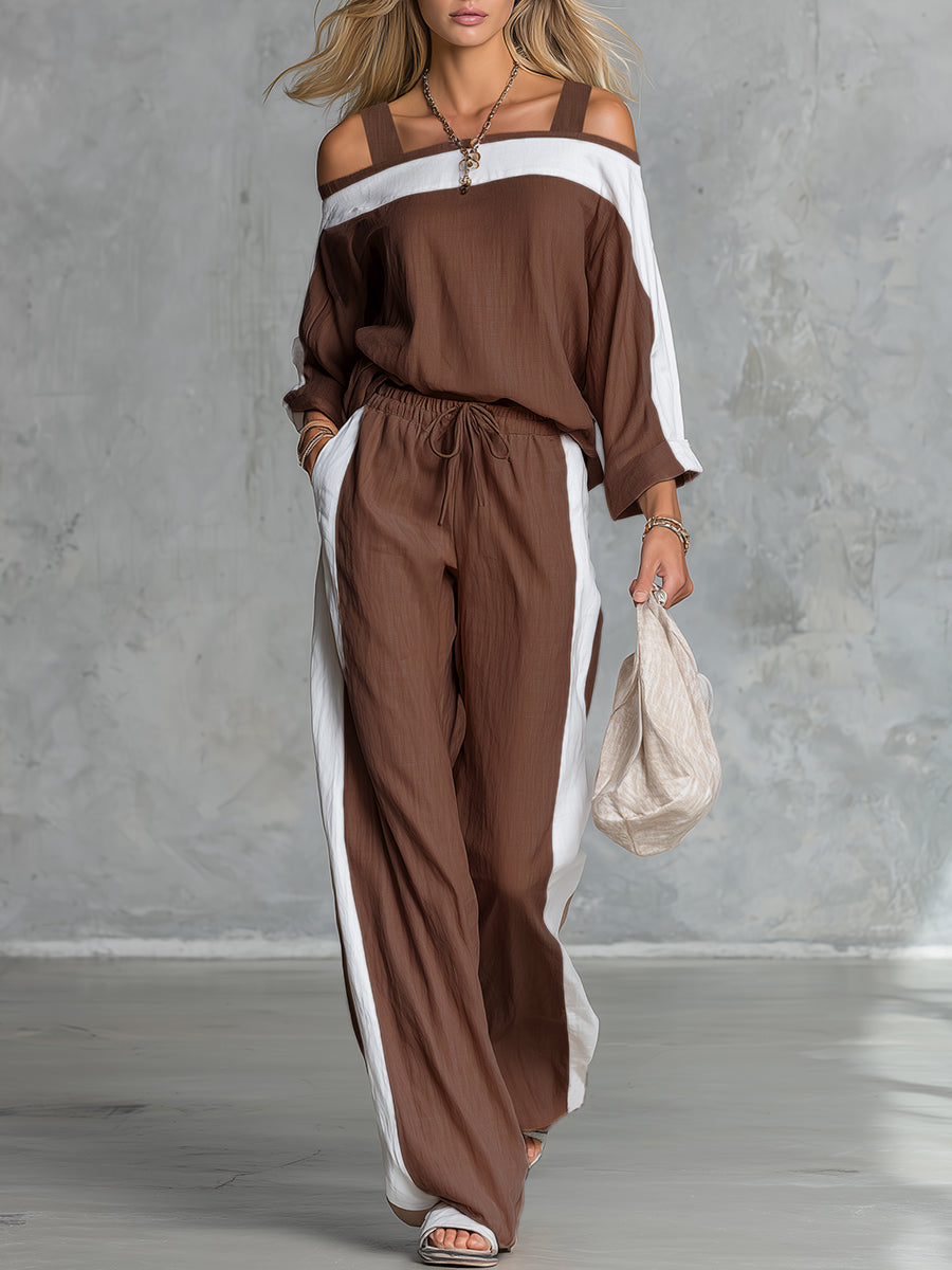 Retro Casual Off-the-shoulder Cotton And Linen Long-sleeved T-shirt And Wide-leg Pants Set.