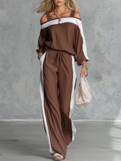 Retro Casual Off-the-shoulder Cotton And Linen Long-sleeved T-shirt And Wide-leg Pants Set.