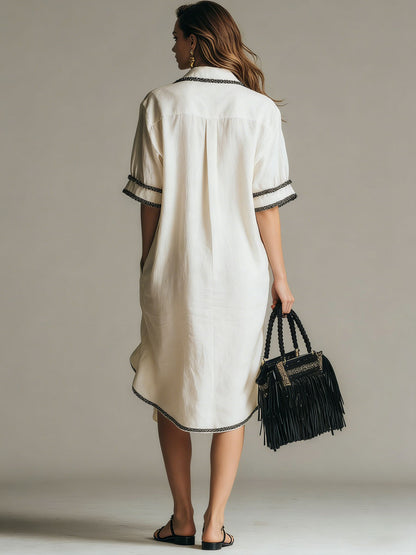 Casual Retro Lace-trimmed White Cotton And Linen Short-sleeved Shirt Dress