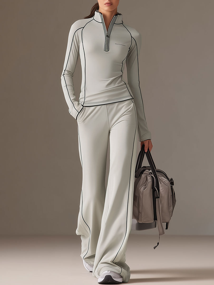 Sports Yoga Piping Gray-Green Lycra Sweatshirt And Wide-Leg Pants Set