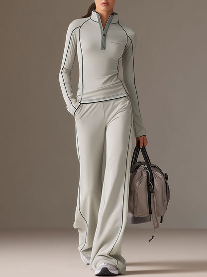 Sports Yoga Piping Gray-Green Lycra Sweatshirt And Wide-Leg Pants Set