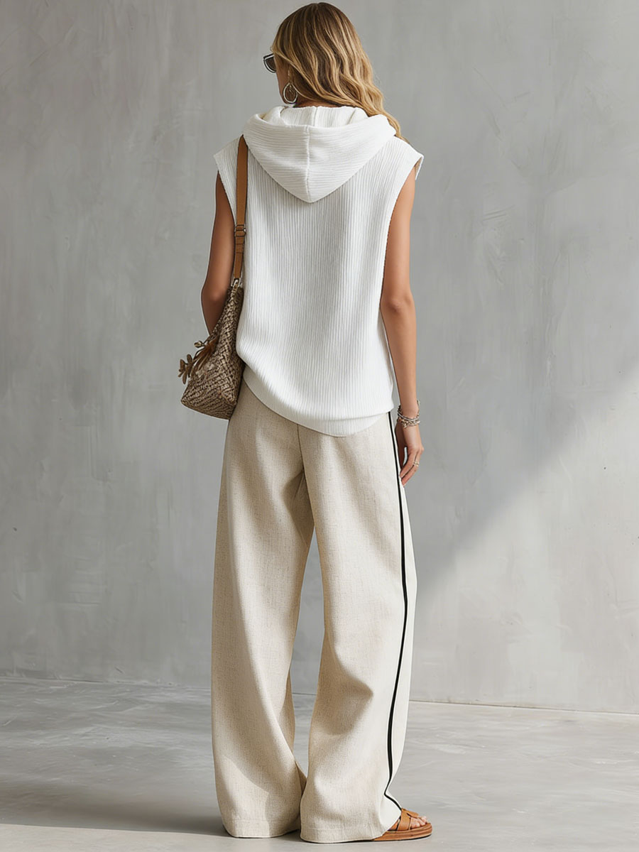 Casual Retro White Hooded Knitwear Linen Pants Set