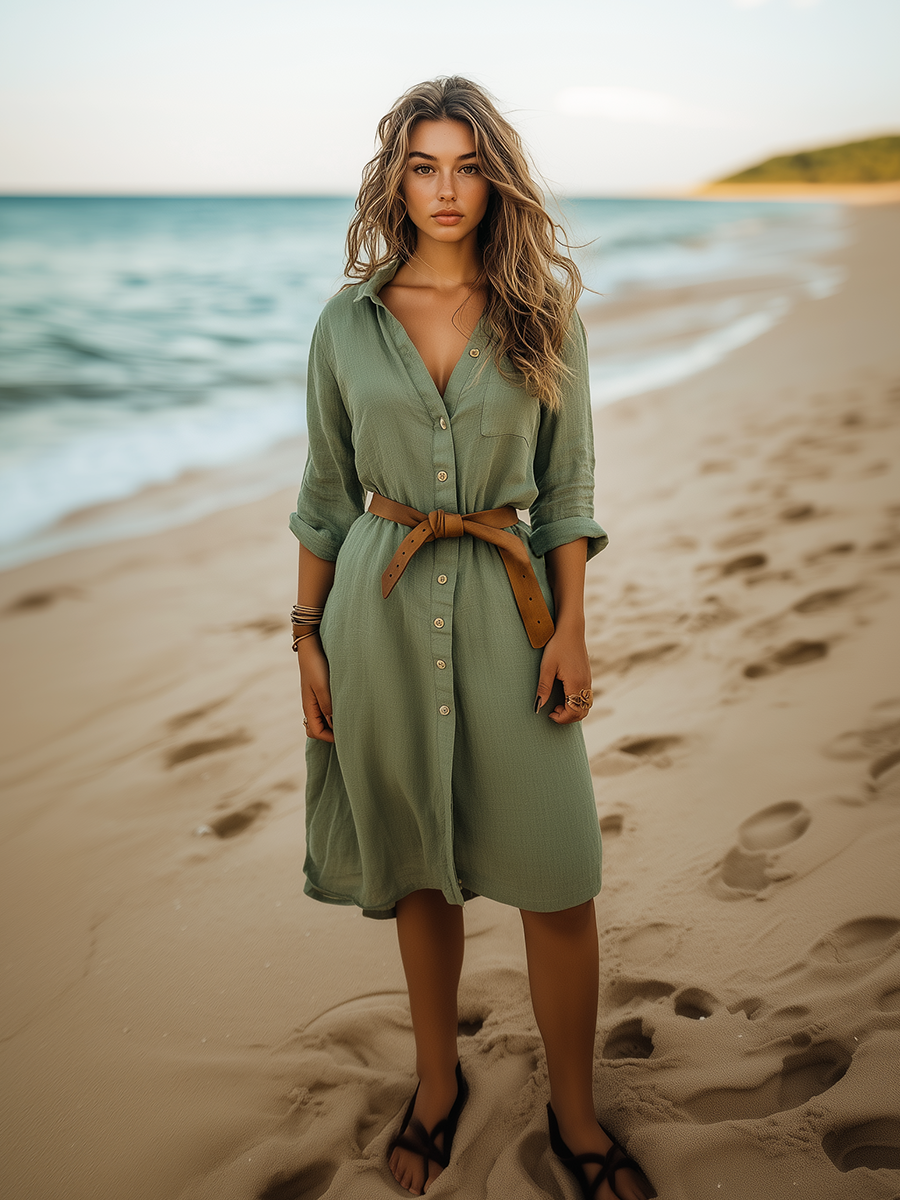 Boho Long Sleeve Belted Shirt Dress