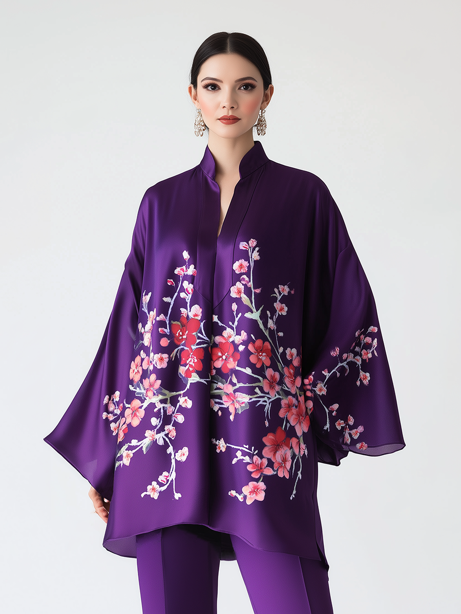 Elegant Satin Plum Blossom Print V-Neck Shirt