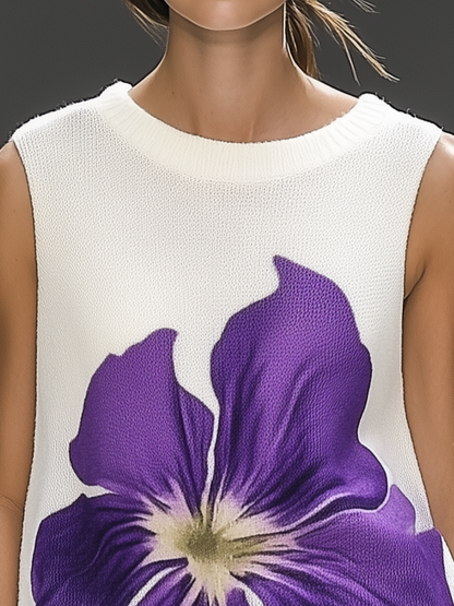 Casual Elegant Purple Floral Knitted Tank Top