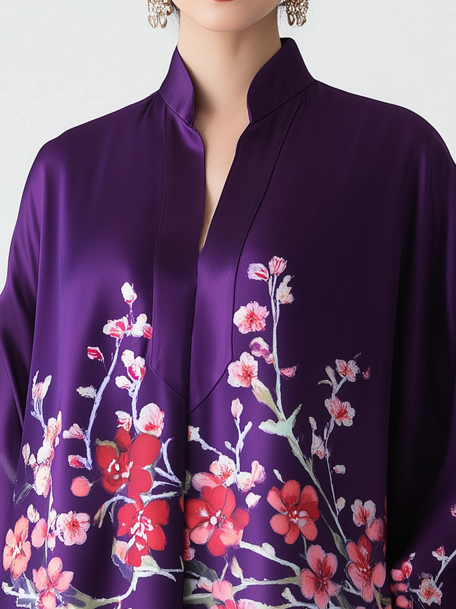 Elegant Satin Plum Blossom Print V-Neck Shirt