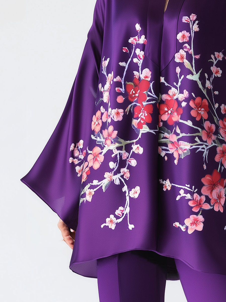 Elegant Satin Plum Blossom Print V-Neck Shirt