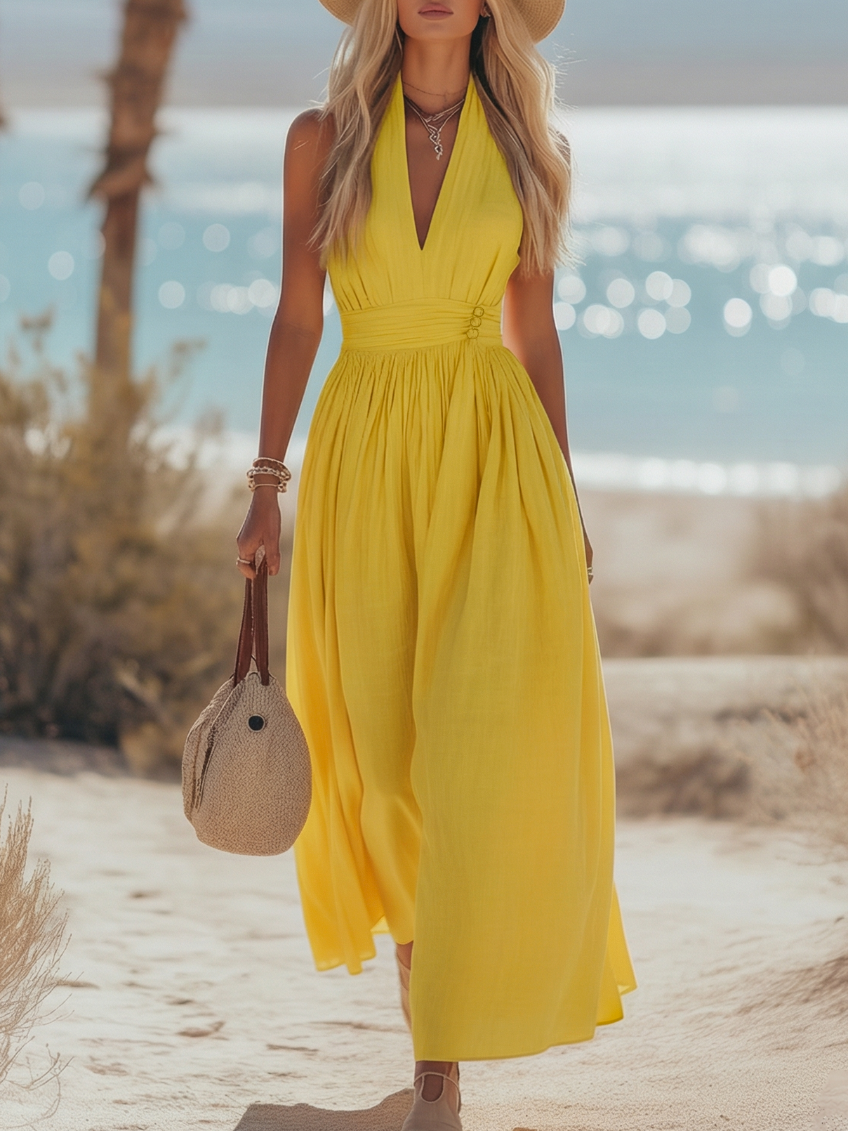 Bohemian West Resort Elegant Sleeveless Cotton Linen Dress