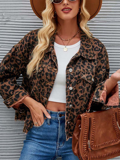 Retro Leopard Print Fashion Casual Denim Short Jacket