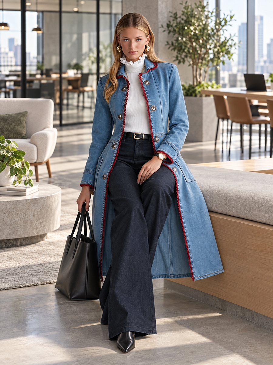 Long Denim Duster Coat With Red Lace Trim