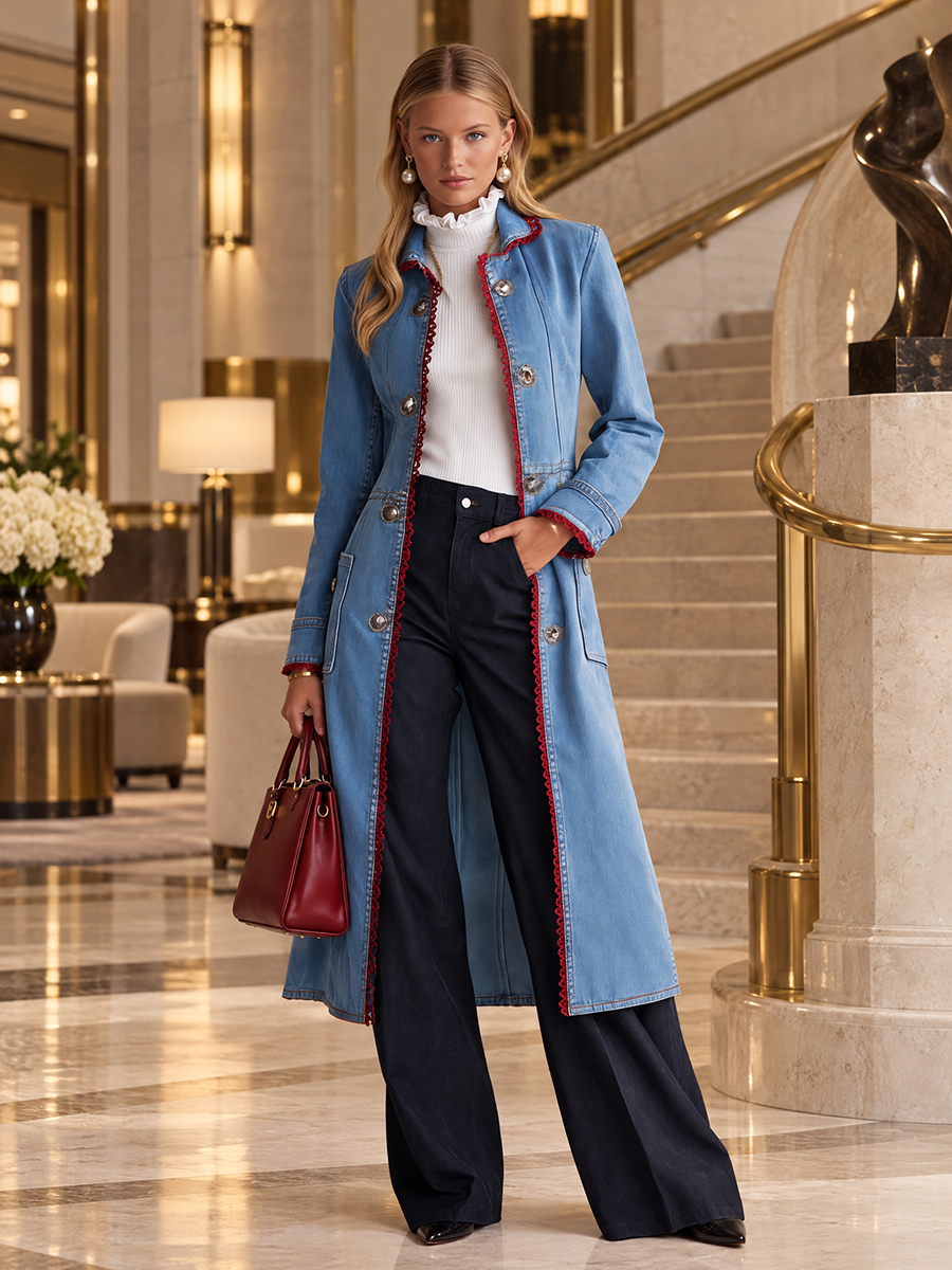 Long Denim Duster Coat With Red Lace Trim