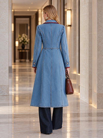 Long Denim Duster Coat With Red Lace Trim