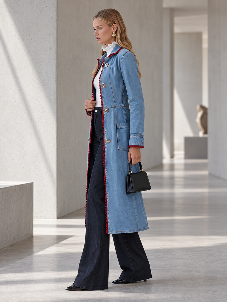 Long Denim Duster Coat With Red Lace Trim