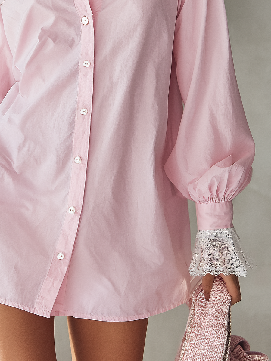 Elegant Lapel Lace-trimmed Cuffs Shirt Dress