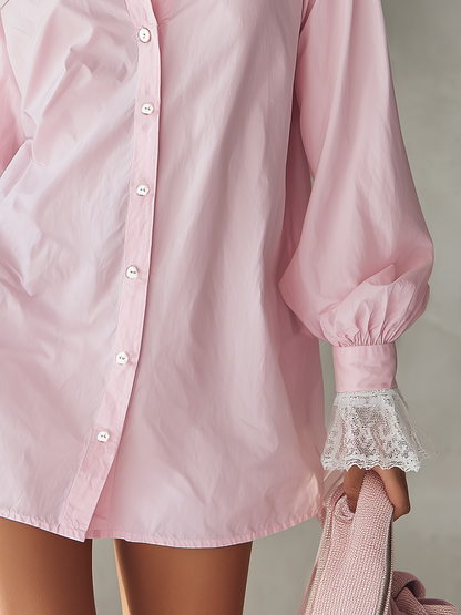 Elegant Lapel Lace-trimmed Cuffs Shirt Dress