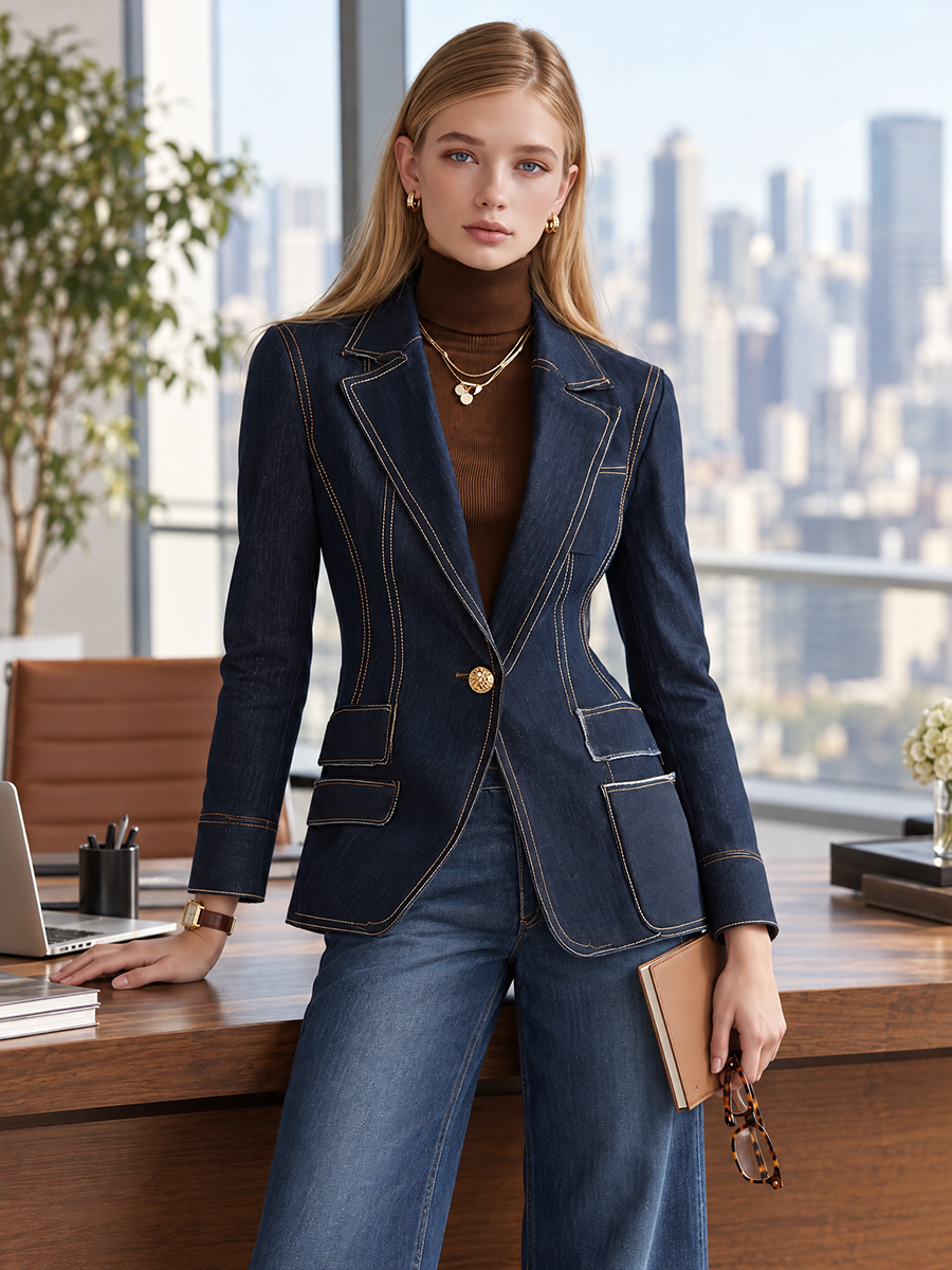 Dark Indigo Contrast Stitch Denim Blazer