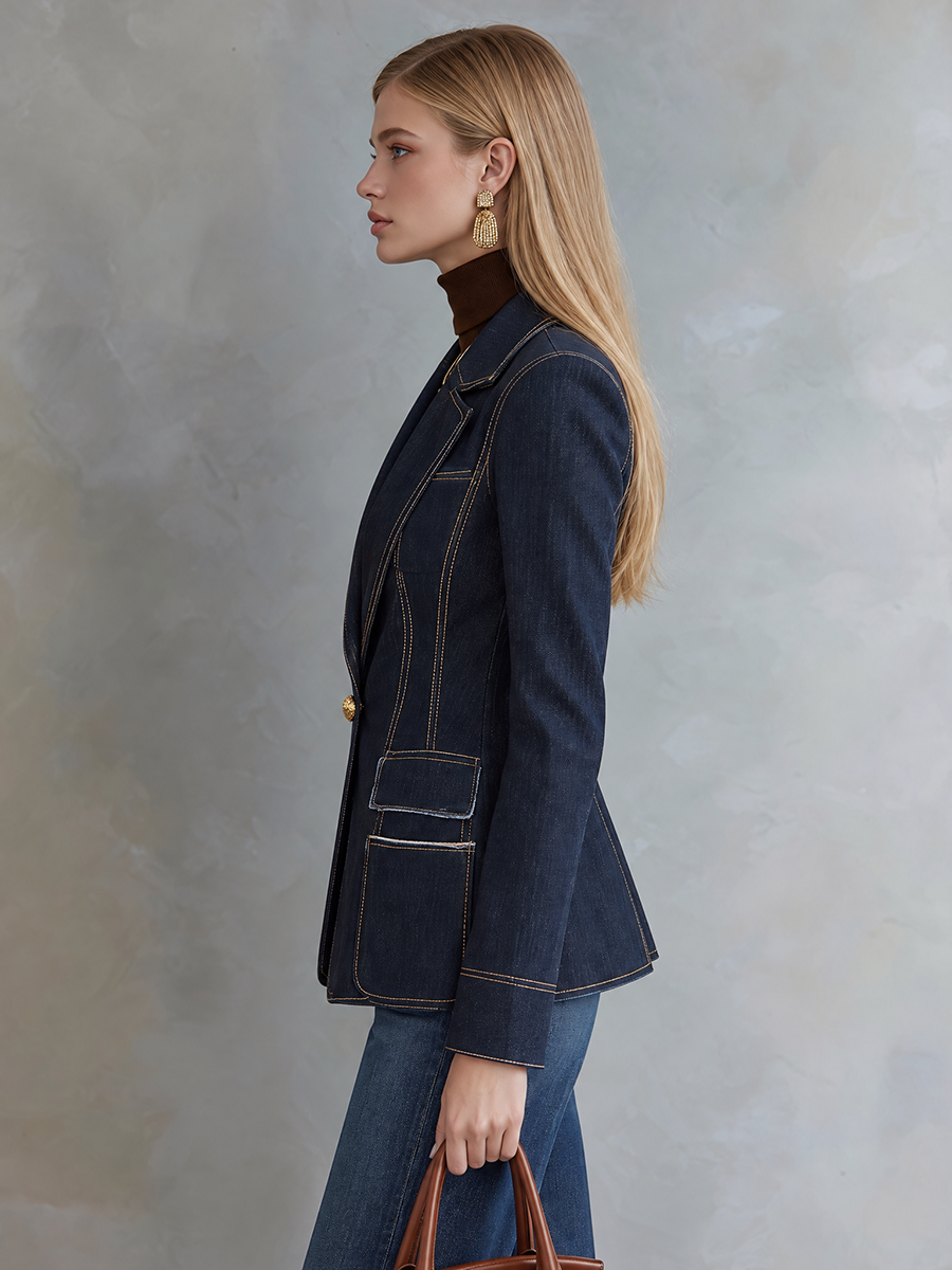 Dark Indigo Contrast Stitch Denim Blazer