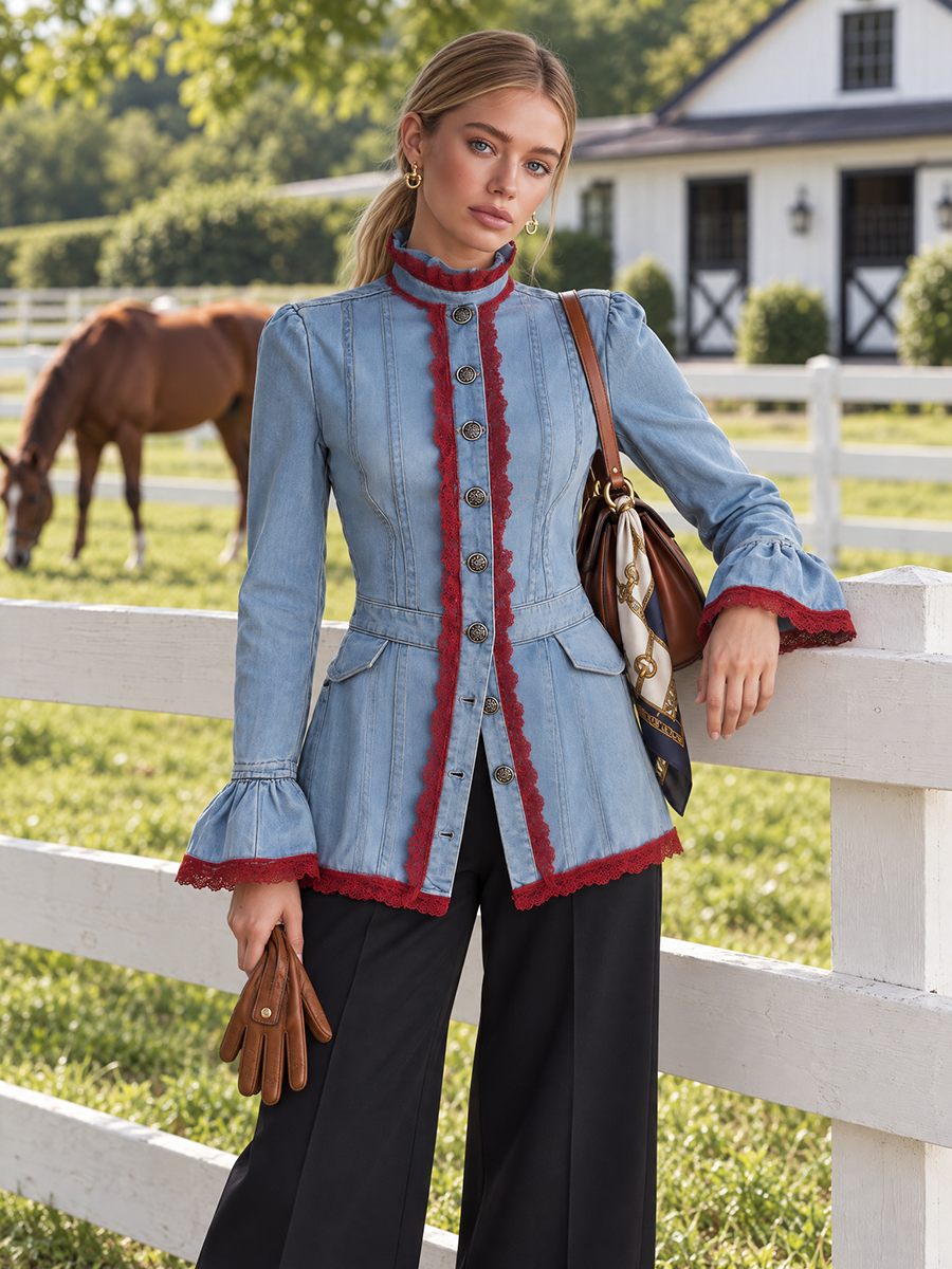 Victorian Western Lace Trim Light Wash Denim Womens Jacket