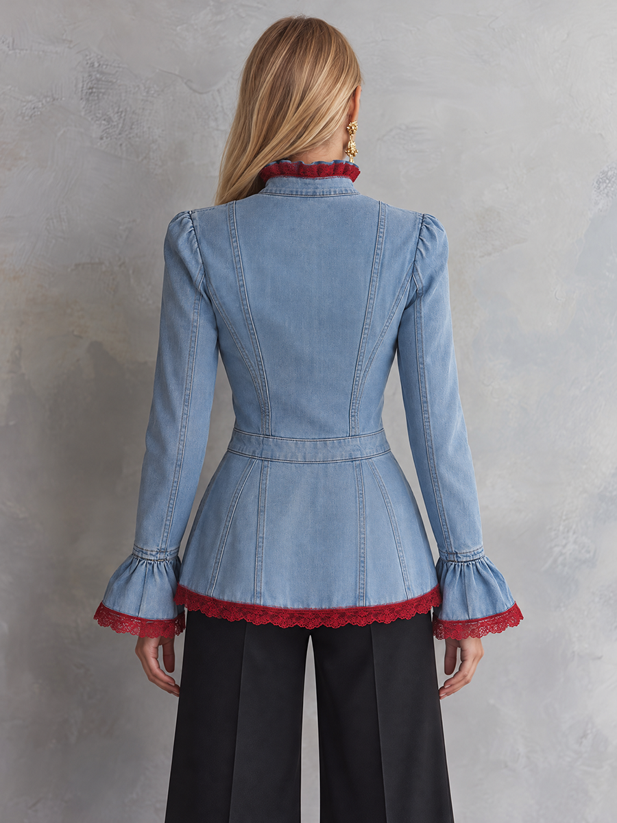 Victorian Western Lace Trim Light Wash Denim Womens Jacket
