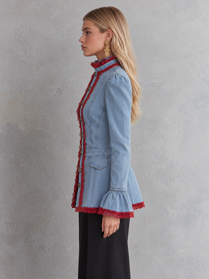 Victorian Western Lace Trim Light Wash Denim Womens Jacket