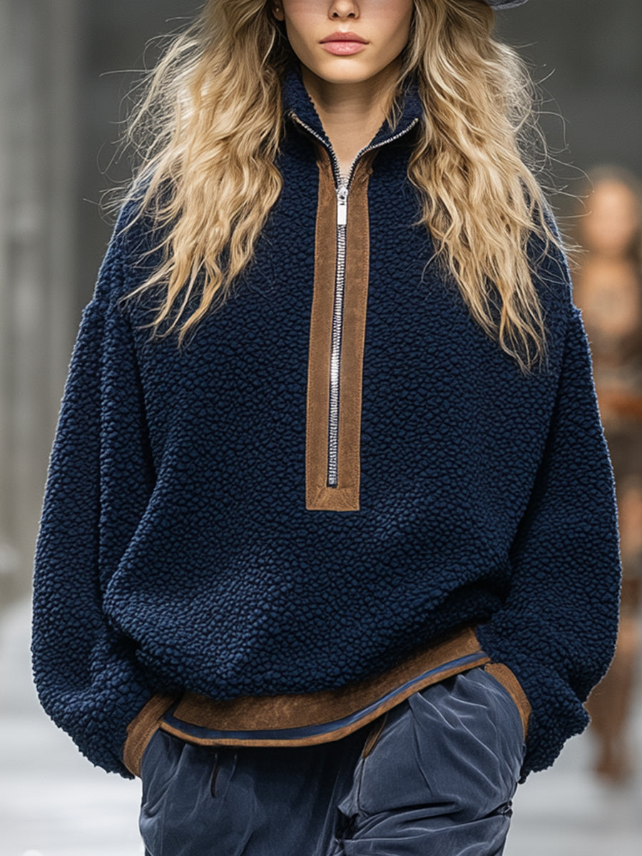 Retro And Fashionable Brown Trim Blue Teddy Fleece Sweatshirt