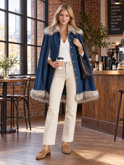 Glam Western Faux Fur Trim Denim Button Womens Cape