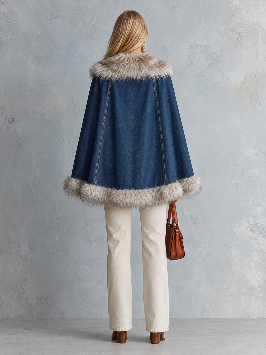 Glam Western Faux Fur Trim Denim Button Womens Cape