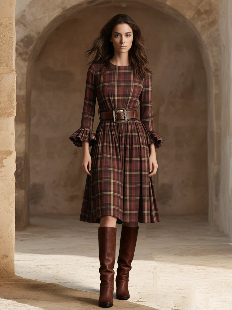 Elegant Retro Brown-red Plaid Flared Sleeve Midi Dress