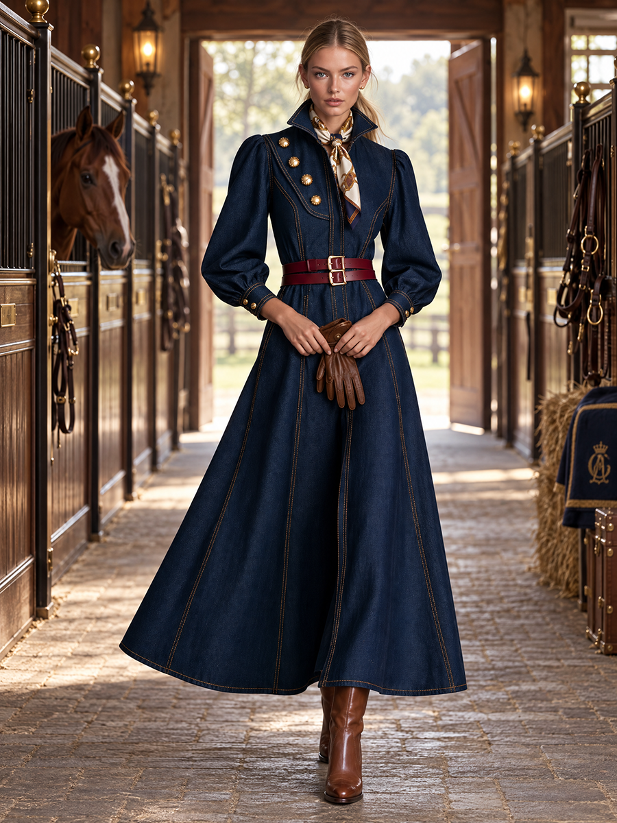 Vintage Military Dark Wash Gold Button Denim Maxi Dress