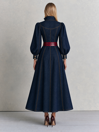 Vintage Military Dark Wash Gold Button Denim Maxi Dress
