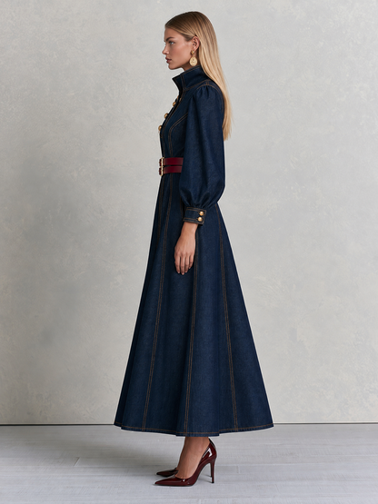 Vintage Military Dark Wash Gold Button Denim Maxi Dress