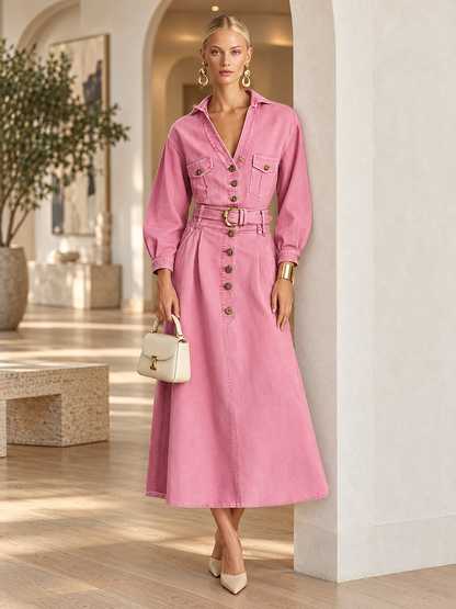 Retro Western Pink Belted Button Front Denim Midi Dress