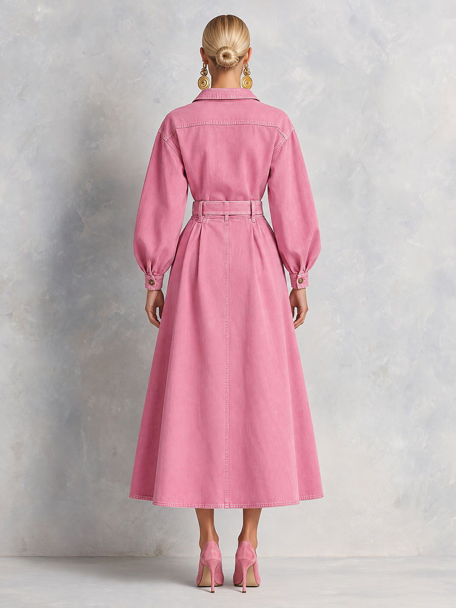 Retro Western Pink Belted Button Front Denim Midi Dress