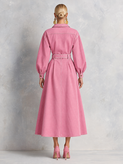 Retro Western Pink Belted Button Front Denim Midi Dress