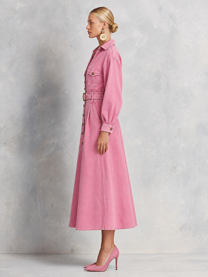 Retro Western Pink Belted Button Front Denim Midi Dress