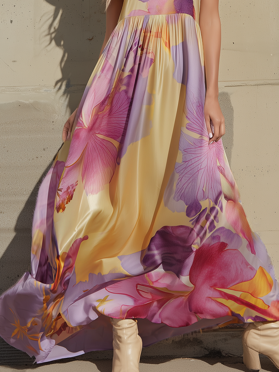 Romantic Bohemian Watercolor Print Matte Satin Sleeveless Maxi Dress