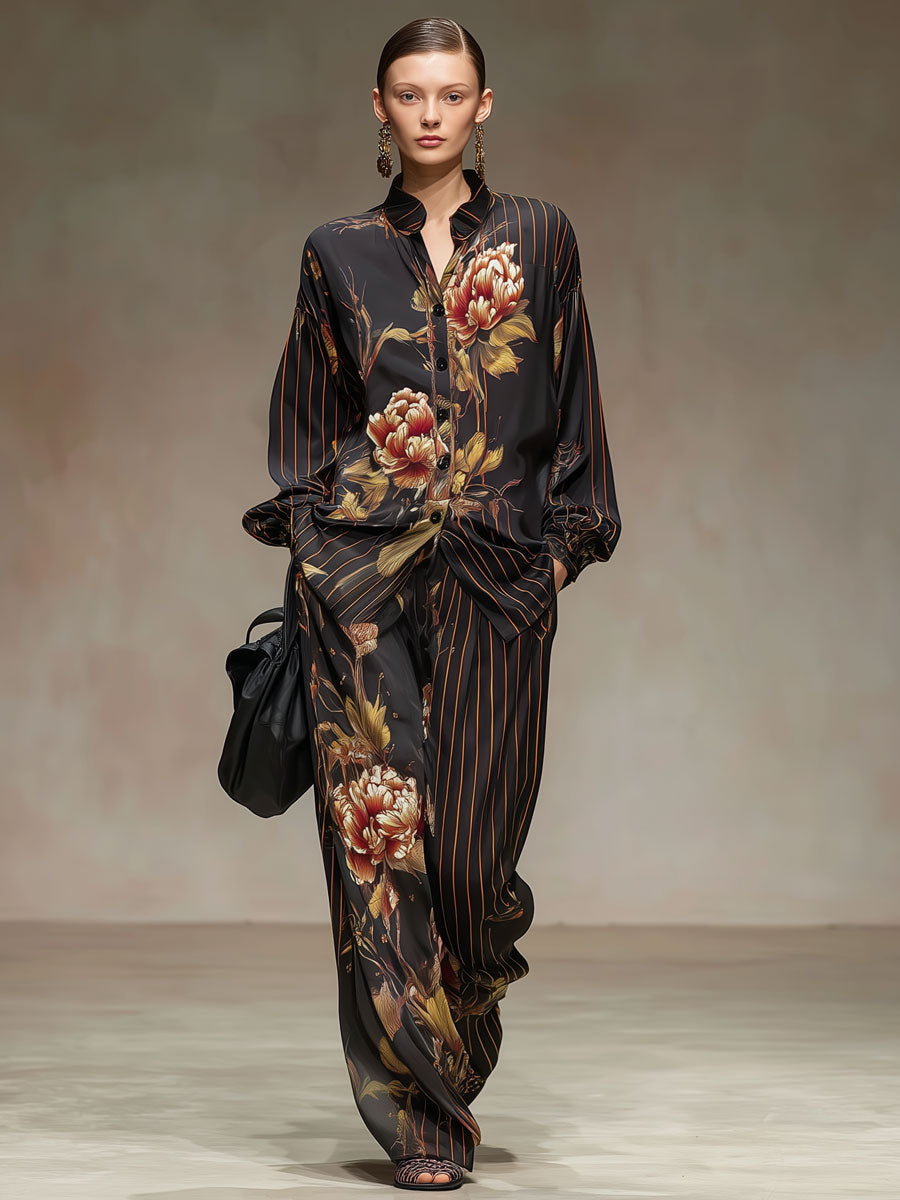 Retro Striped Peony Print Black Chiffon Long-sleeved Shirt And Wide-leg Pants Set