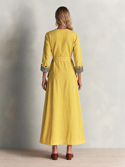 Modern Western Yellow Belted Button Front Denim Maxi Dress