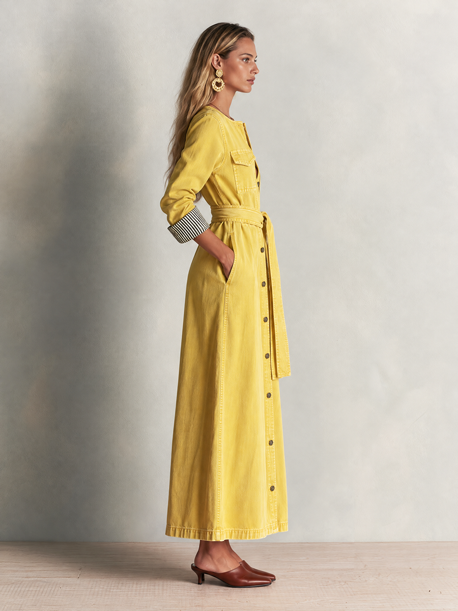 Modern Western Yellow Belted Button Front Denim Maxi Dress