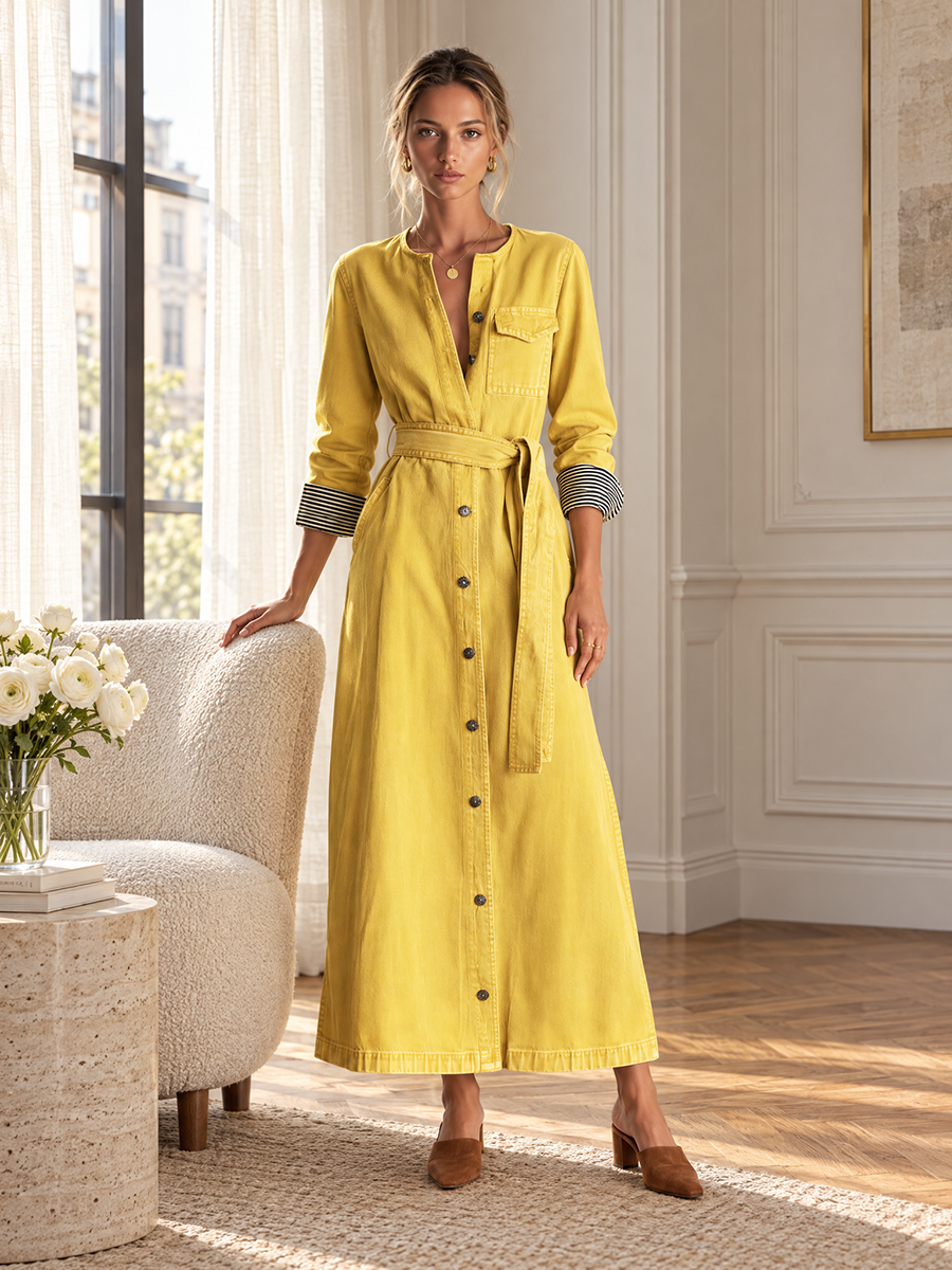 Modern Western Yellow Belted Button Front Denim Maxi Dress