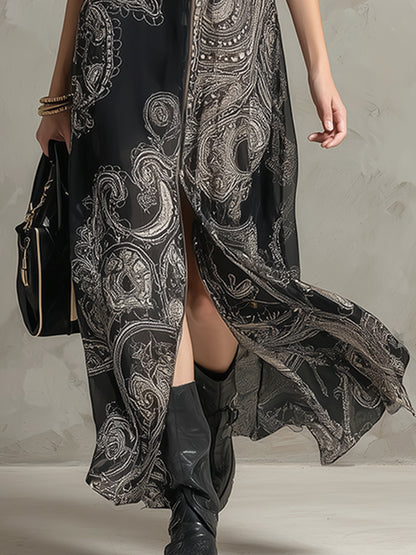Vintage Elegant Lapel Collar Front Zipper Black Printed Chiffon Sleeveless Maxi Dress