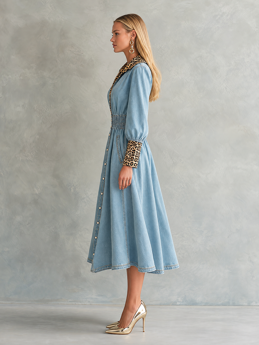 Glam Western Leopard Trim Denim Button Front Midi Dress