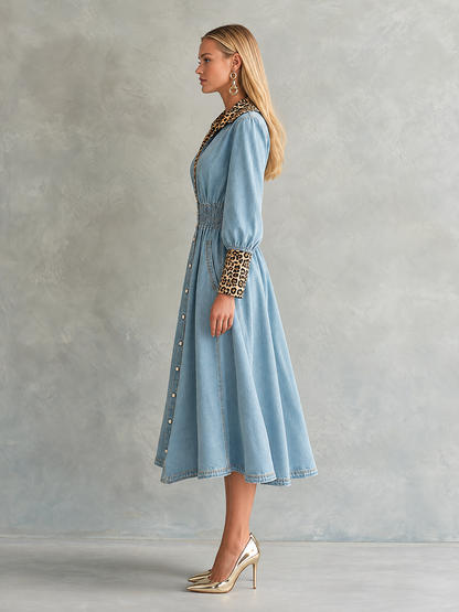 Glam Western Leopard Trim Denim Button Front Midi Dress