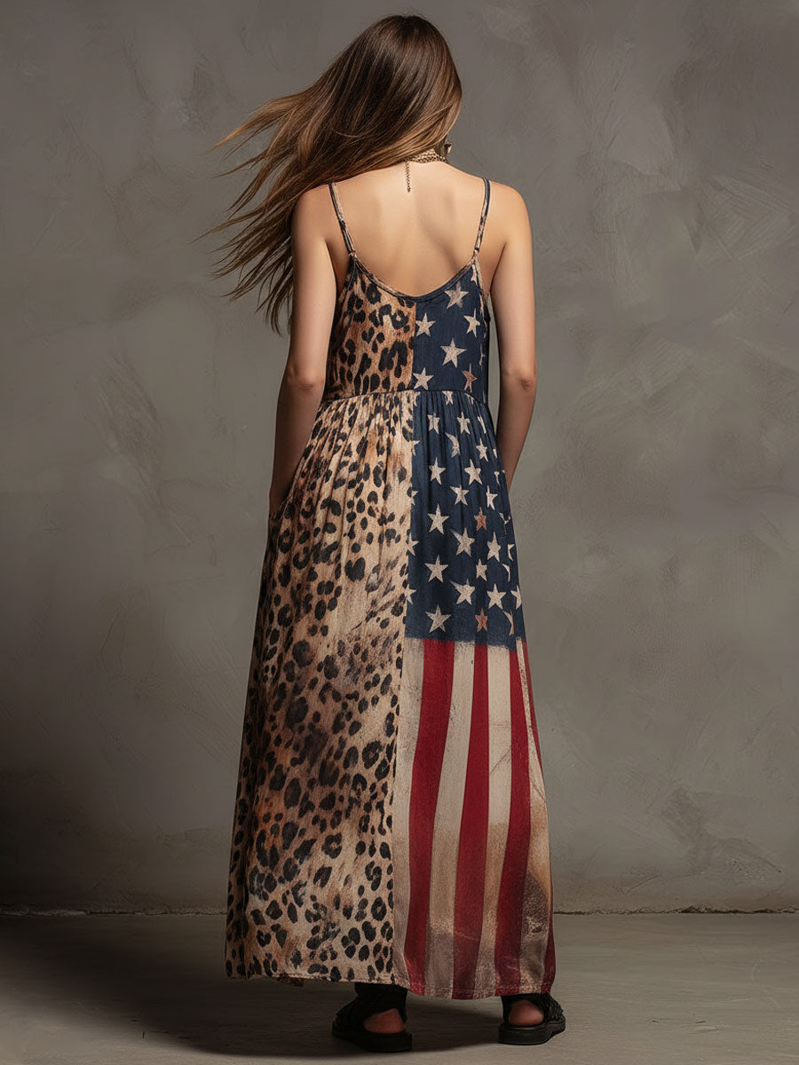 Vacation Retro American Flag Leopard Print Chiffon Sleeveless Maxi Dress